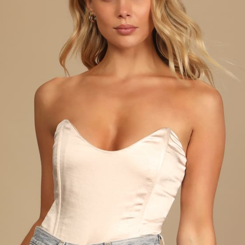 COPY - LULU’S Champagne Satin Satin Bustier Bodysuit